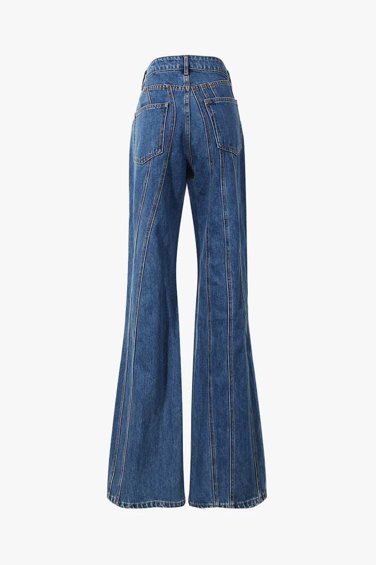 Asymmetrical 90s Crossover Waist Striped Seam Fit & Flare Denim Jeans