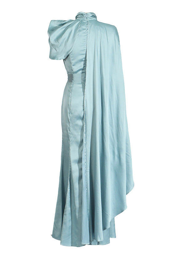 Asymmetrical Cape Sleeve Ruched Mock Neck Satin Fishtail Evening Maxi Dress