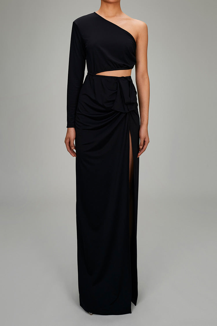 Asymmetrical One Shoulder Cut Out Ruched Draped Split Evening Maxi Dress