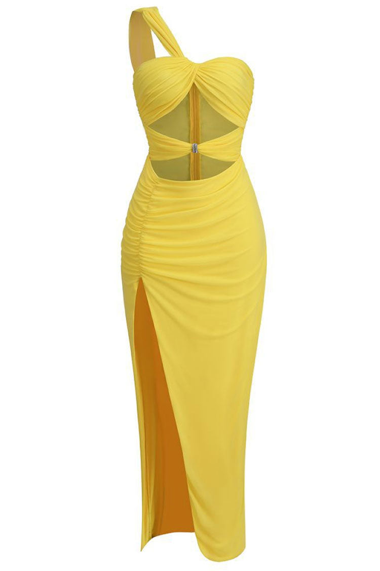 Asymmetrical One Shoulder O Ring Cutout Ruched Split Formal Maxi Dress - Yellow