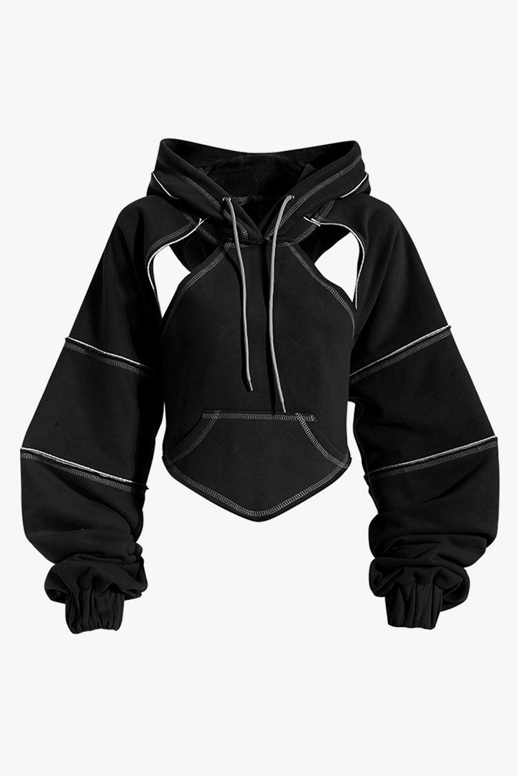 Athletic Contrast Stitch Blouson Sleeve Bow Tie Oversized Crop Cutout Hoodie