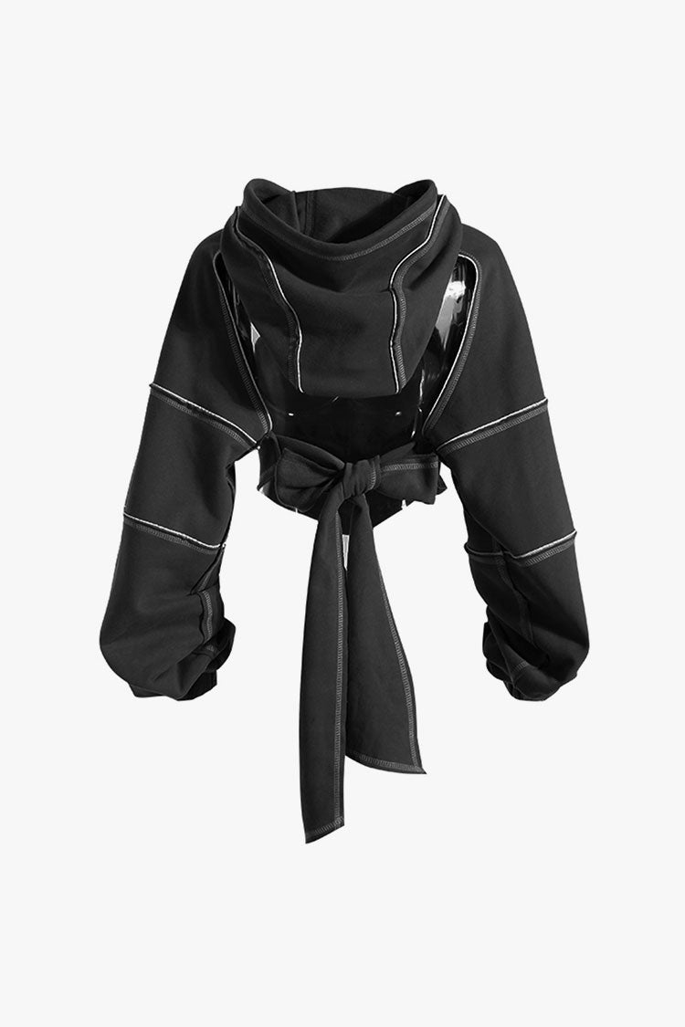 Athletic Contrast Stitch Blouson Sleeve Bow Tie Oversized Crop Cutout Hoodie