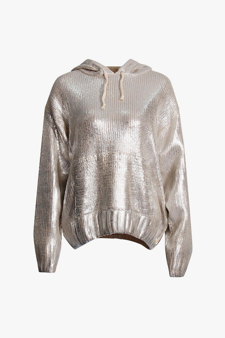 Athletic Metallic Foil Long Sleeve Kangaroo Oversized Hooded Sweater