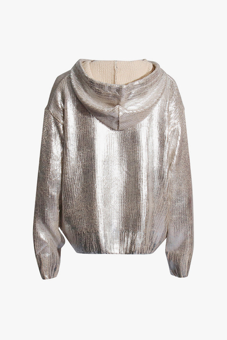 Athletic Metallic Foil Long Sleeve Kangaroo Oversized Hooded Sweater