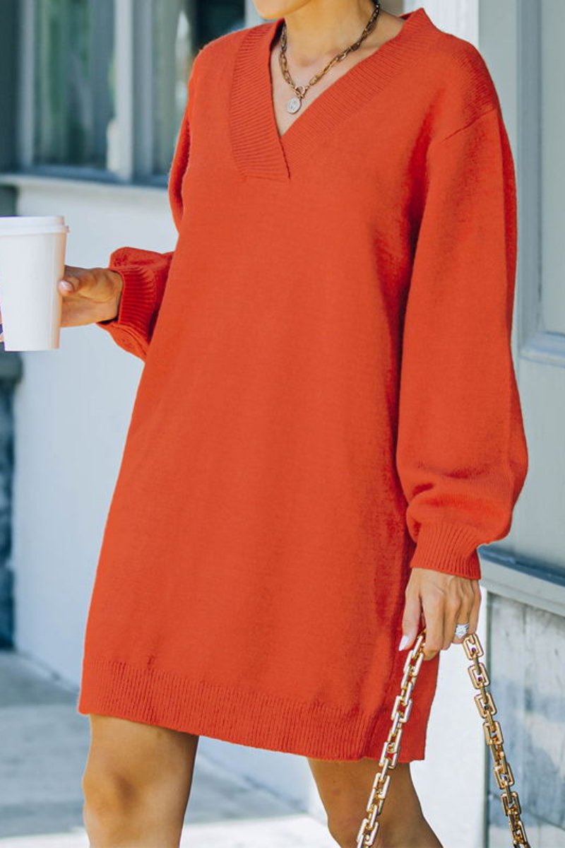 V-Neck Long Sleeve Medium Length Dress