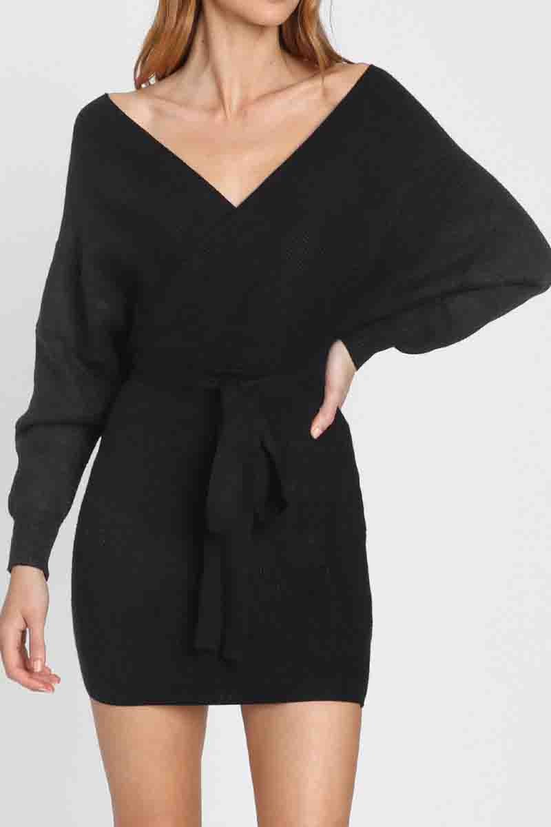 V Neck Knit Sweater Dress（3 Colors）