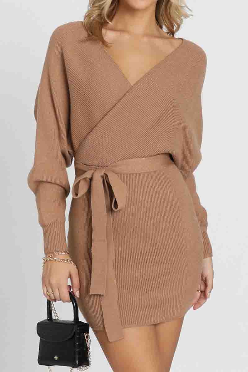 V Neck Knit Sweater Dress（3 Colors）