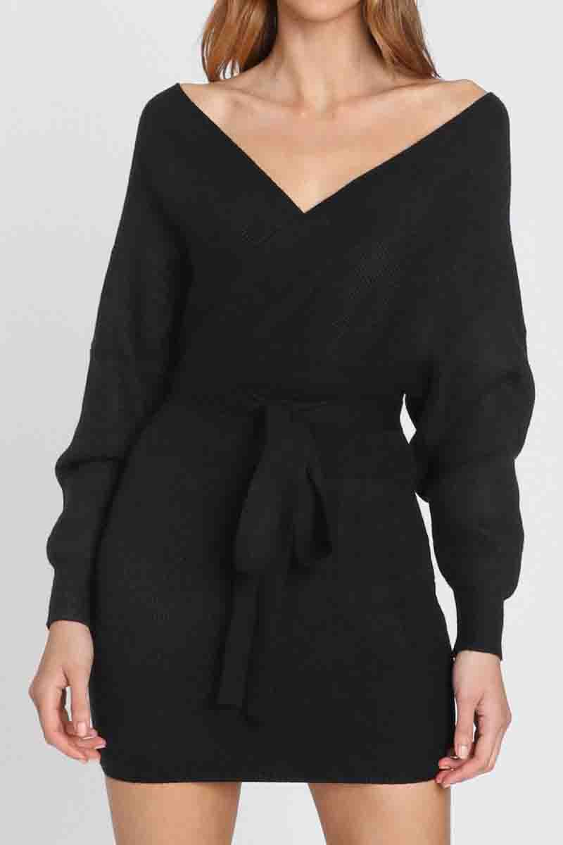 V Neck Knit Sweater Dress（3 Colors）