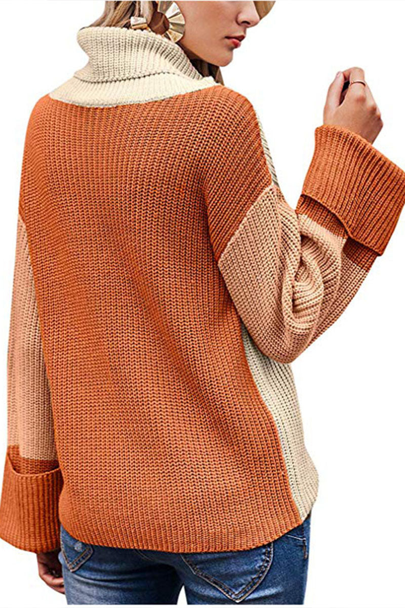 Turtleneck Patchwork Loose  Multicolor Sweater