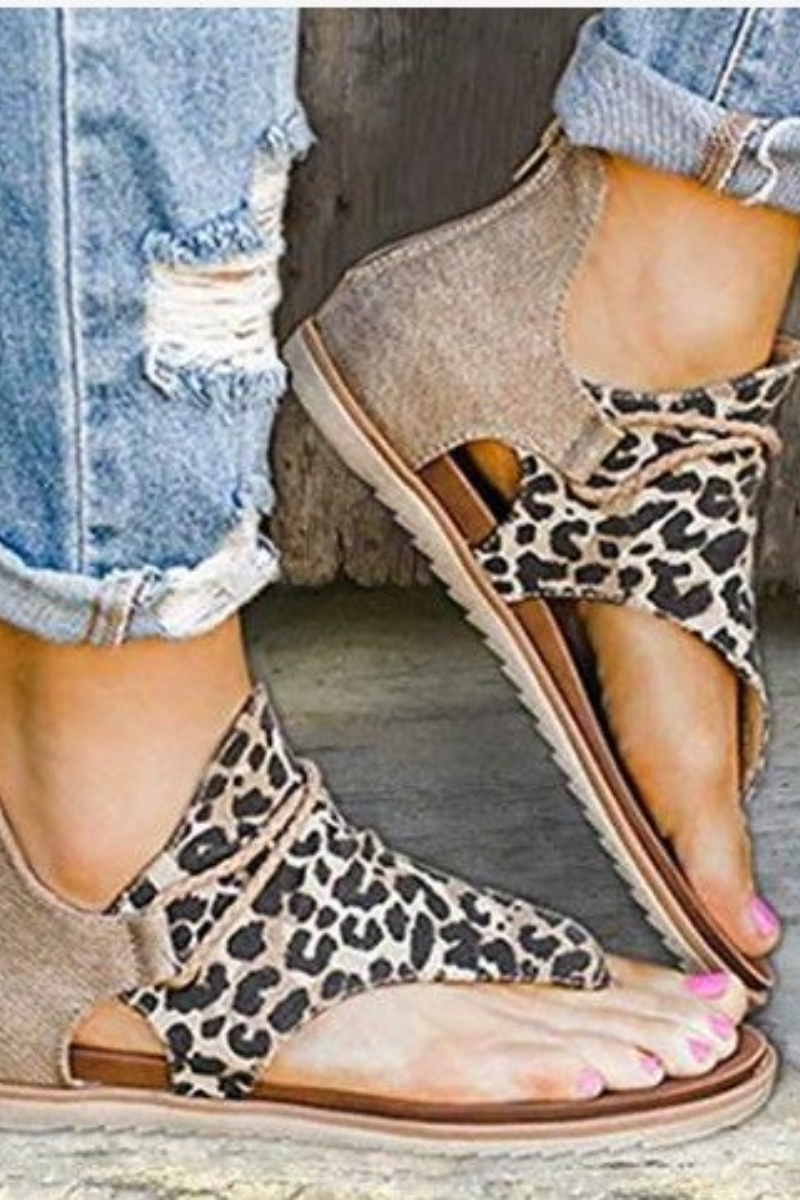 Animal Print Zipper Flat Heel Sandals