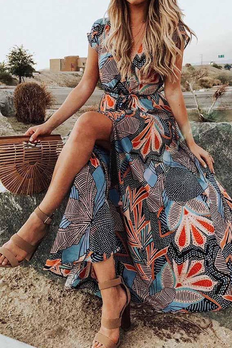 V-neck Short Sleeve Bohemian Maxi Dress