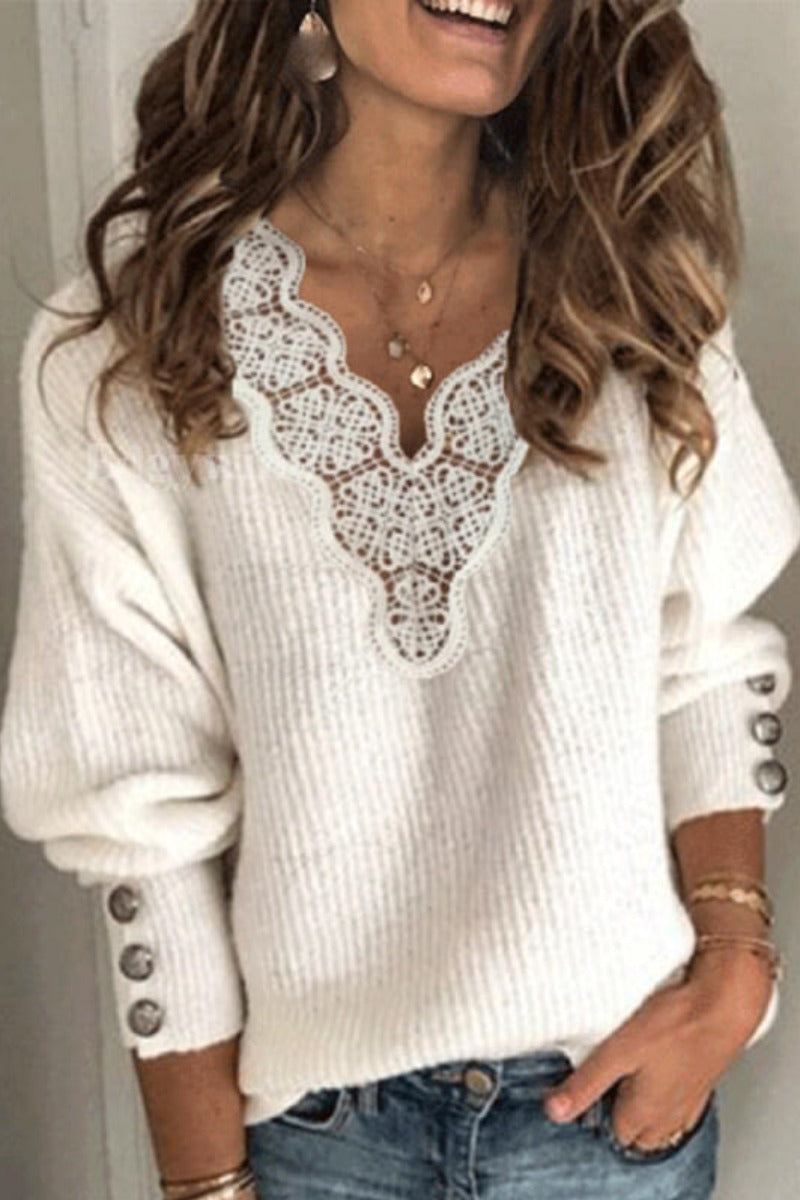 V Neck Lace Patchwork White Sweater