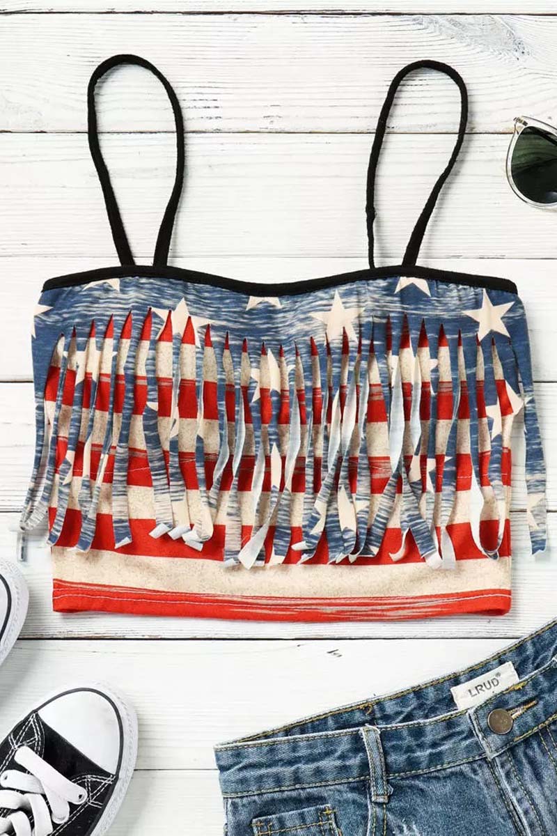 American Flag Star Striped Tassel Crop Top