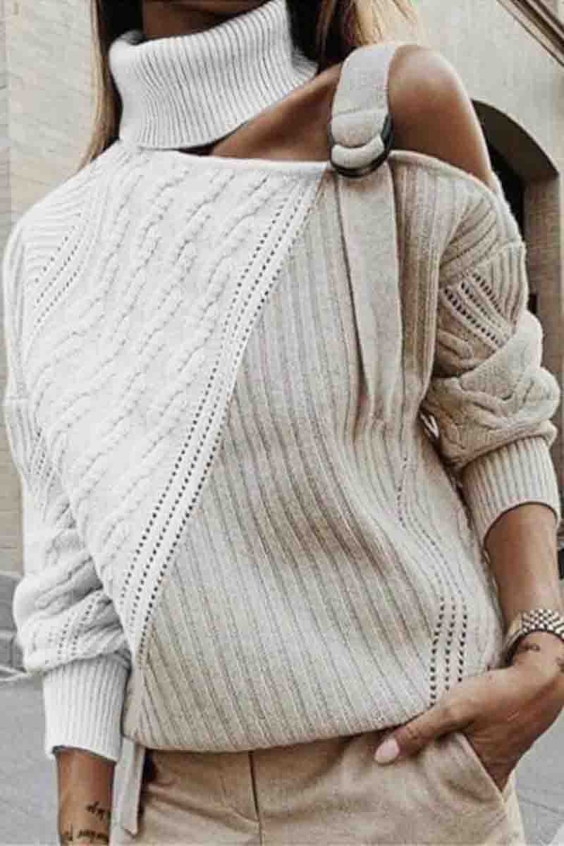 Turtleneck One Shoulder Patchwork Loose  Sweater（4 Colors）