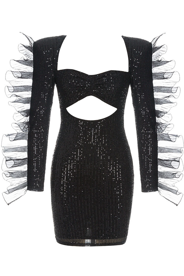 Diva Shoulder Pad Ruffle Long Sleeve Cutout Sequin Mini Dress - Black