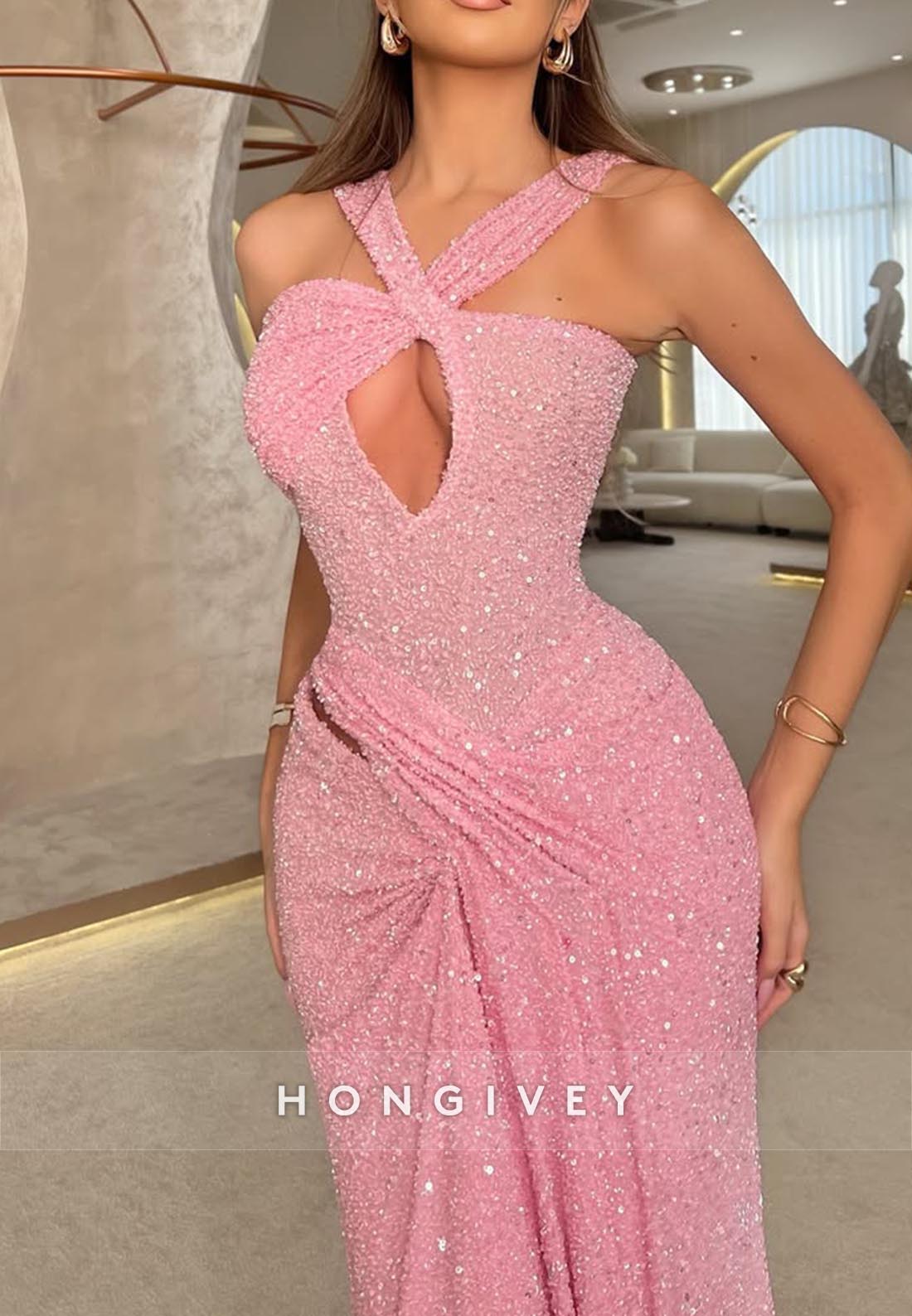 Crossneck Fully Sequined Draped Ornate Mermaid Holiday Prom Dresses