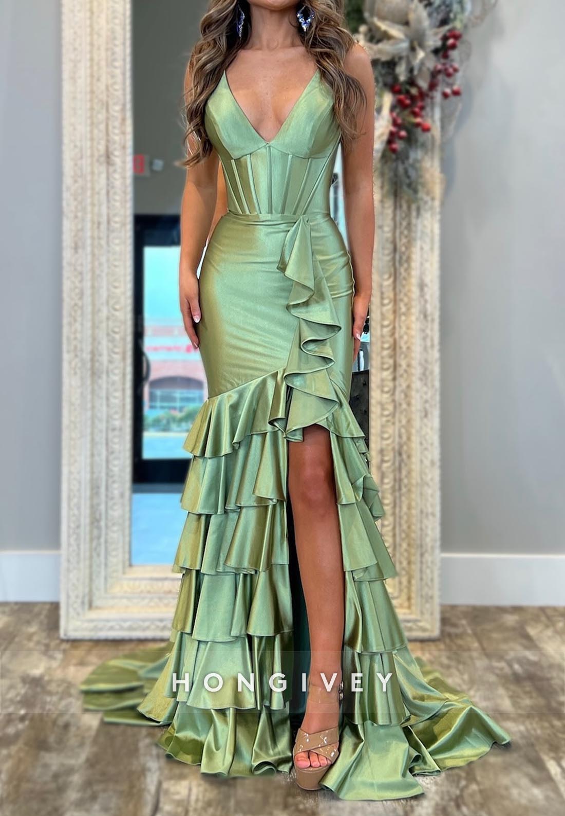 Vneck Mermaid Tiered Split Prom Dresses With Train