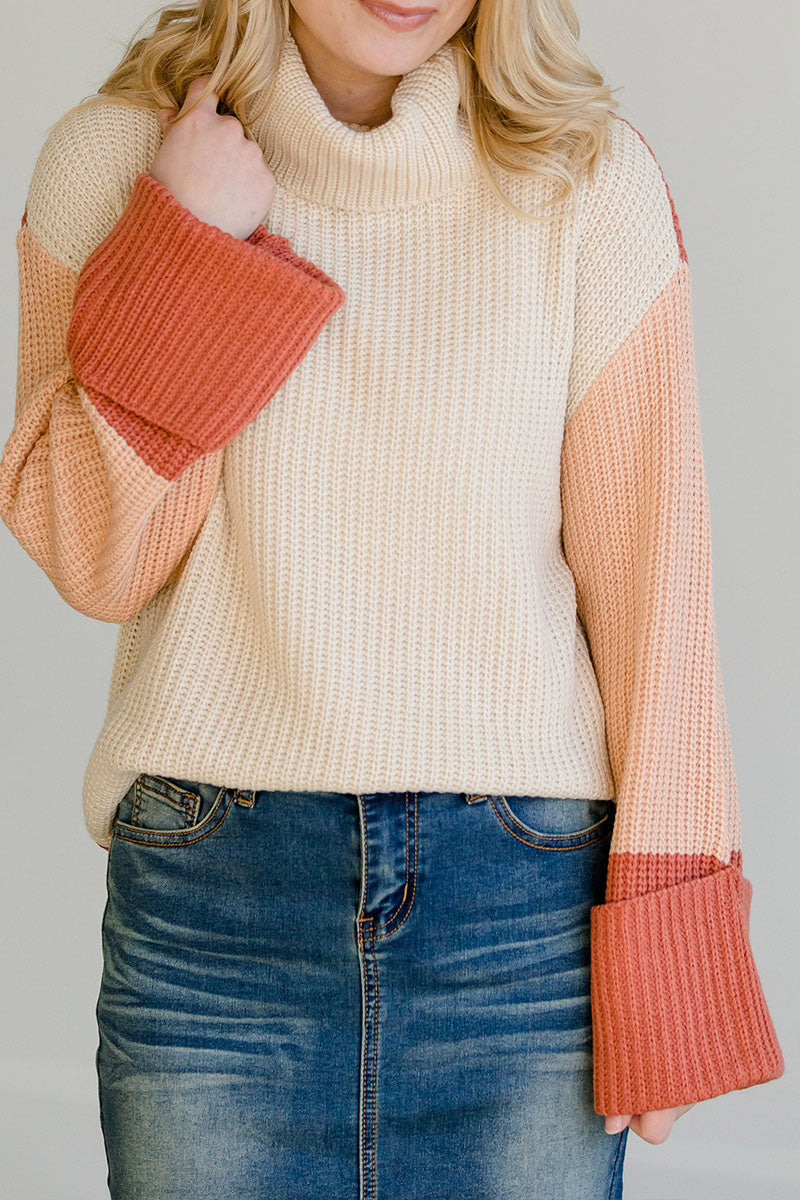 Turtleneck Patchwork Loose  Multicolor Sweater