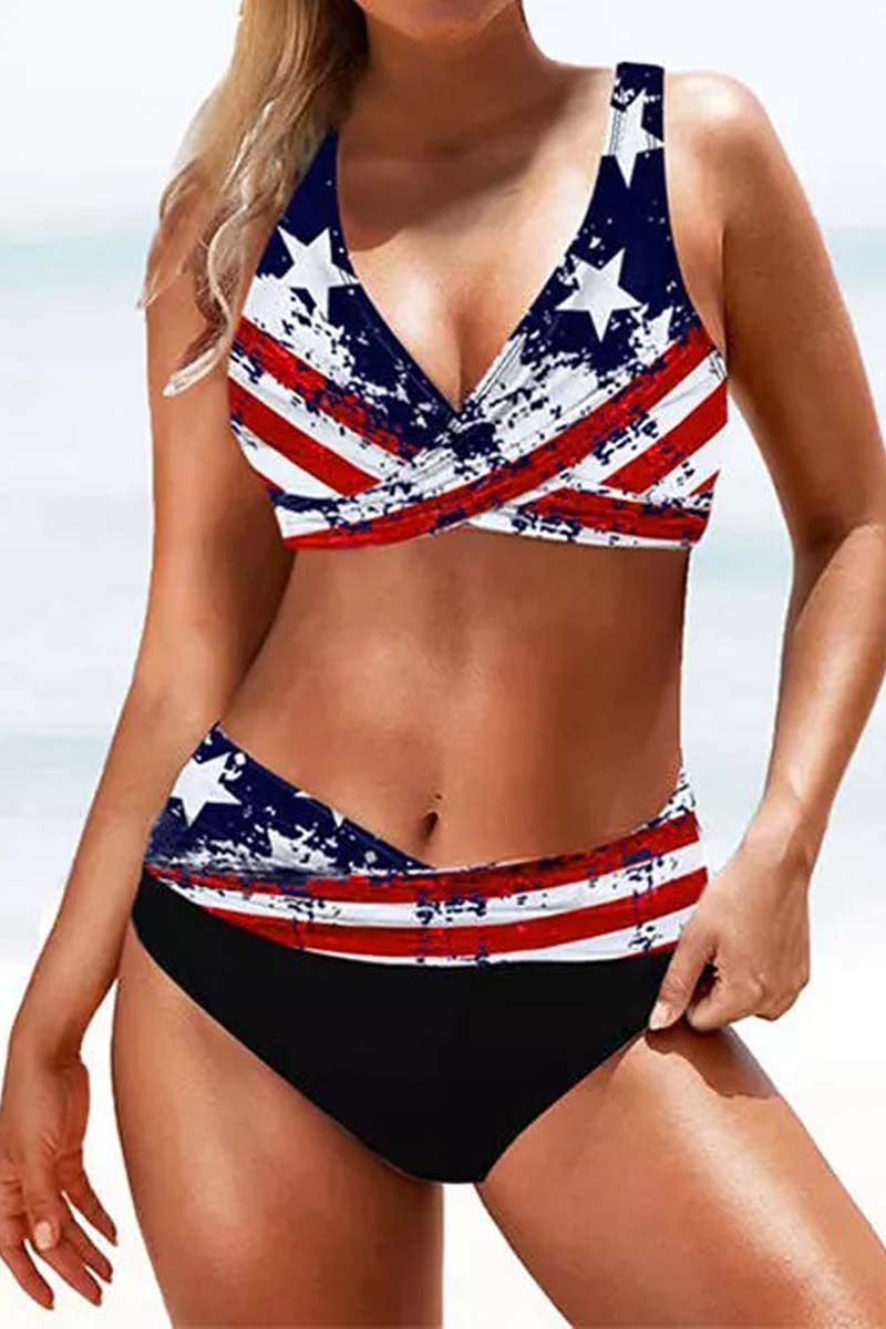 American Flag Star Lace Up Two Piece Swimsuit