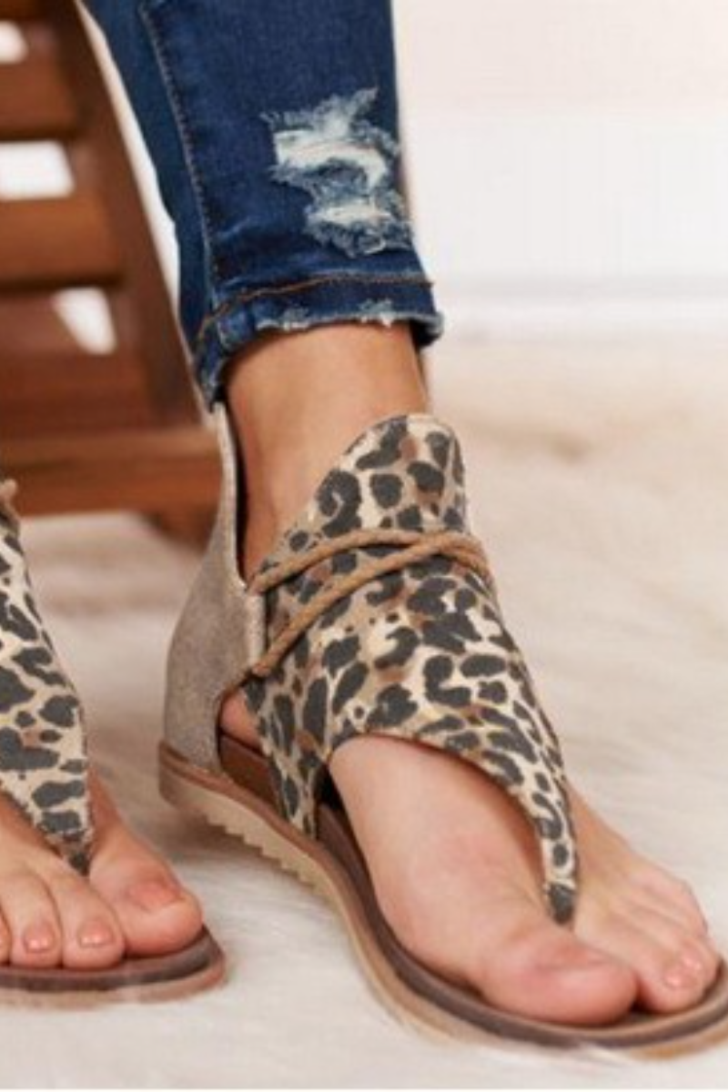 Animal Print Zipper Flat Heel Sandals