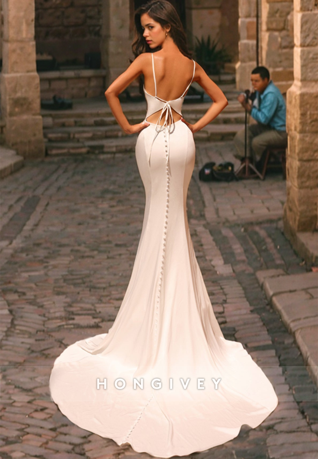 Vneck Spaghetti Straps Trumpet Beach Wedding Dress