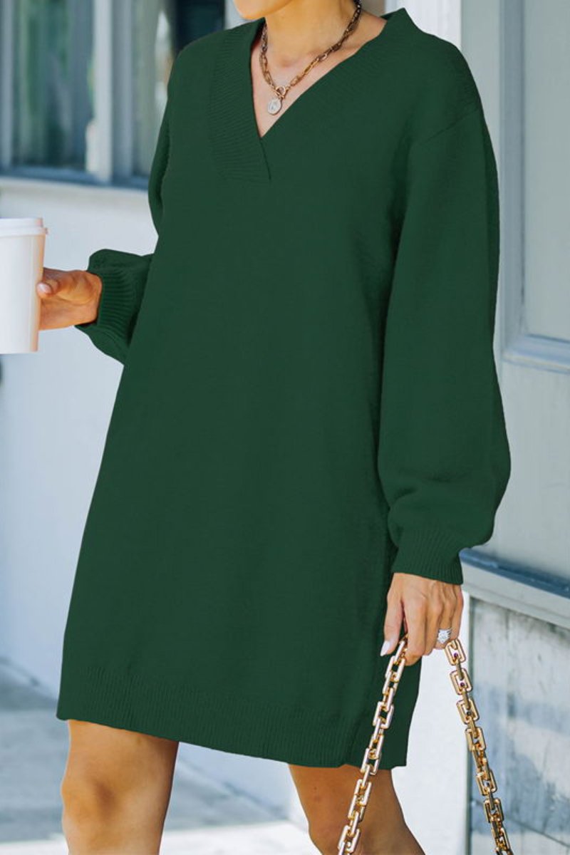 V-Neck Long Sleeve Medium Length Dress