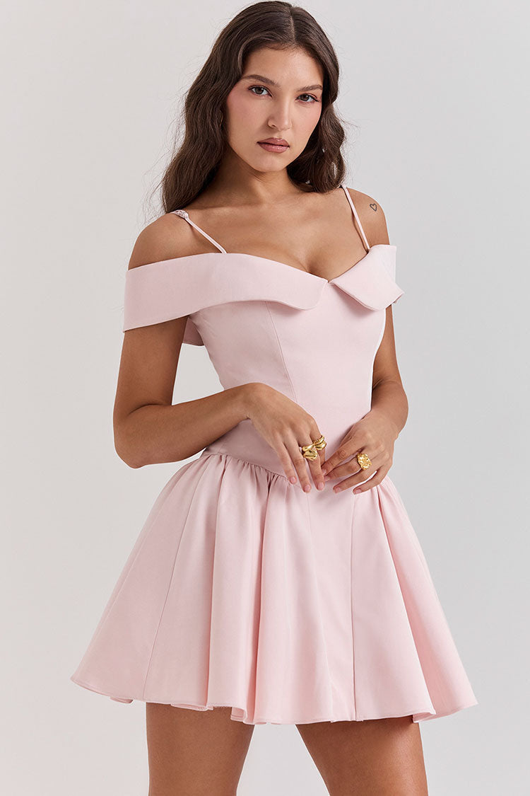 Elegant Spaghetti Strap Off Shoulder Drop Waist Fit & Flare Party Mini Dress - Pink