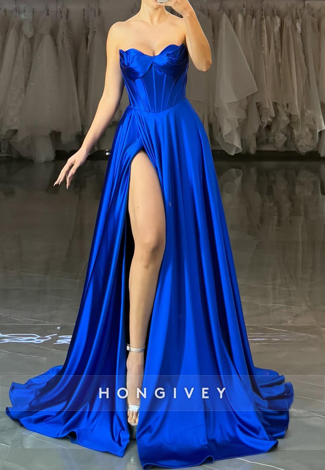 Aline Royal Blue Sweetheart Side Slit Long Prom Dresses With Pockets