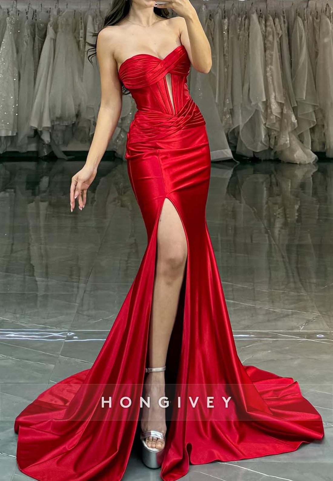 Red Long Sweetheart Pleats Holiday Prom Dresses With Split