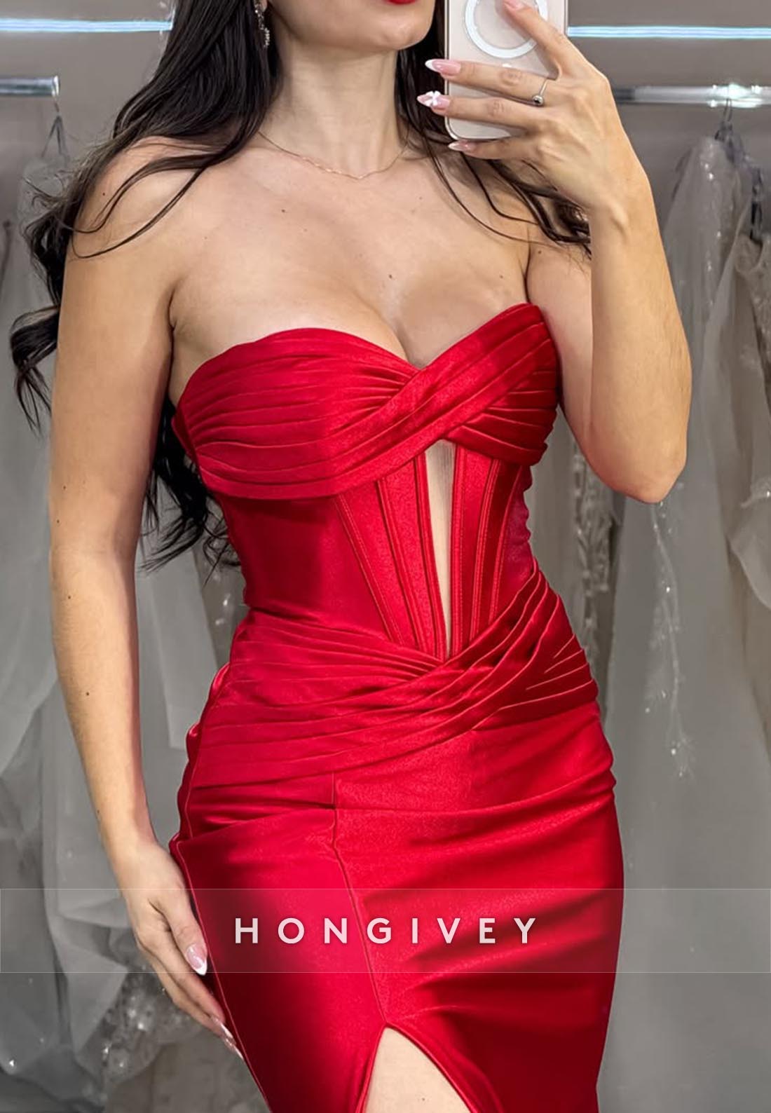 Red Long Sweetheart Pleats Holiday Prom Dresses With Split