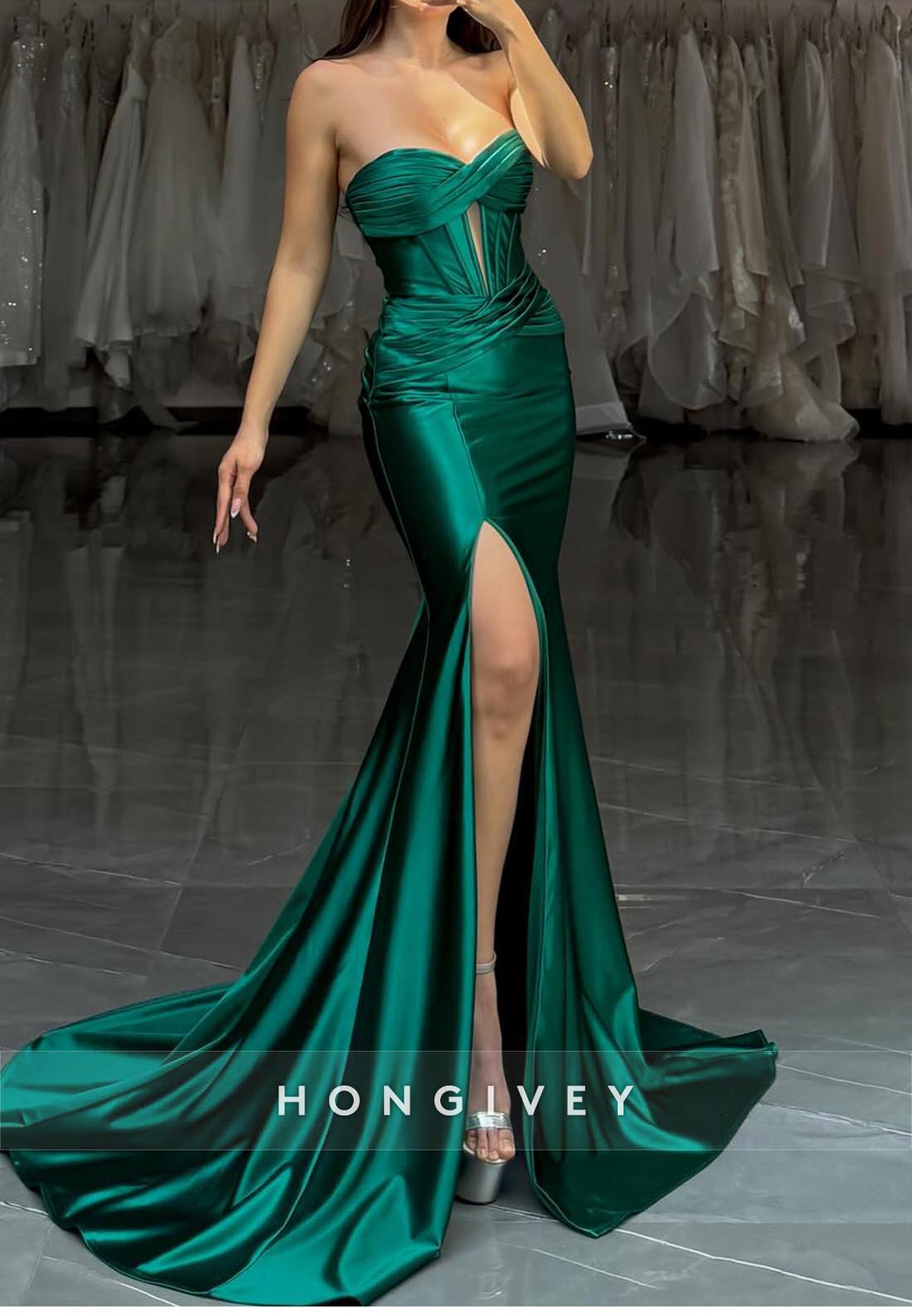 Sweetheart Draped Long Mermaid Holiday Dresses With High Slit