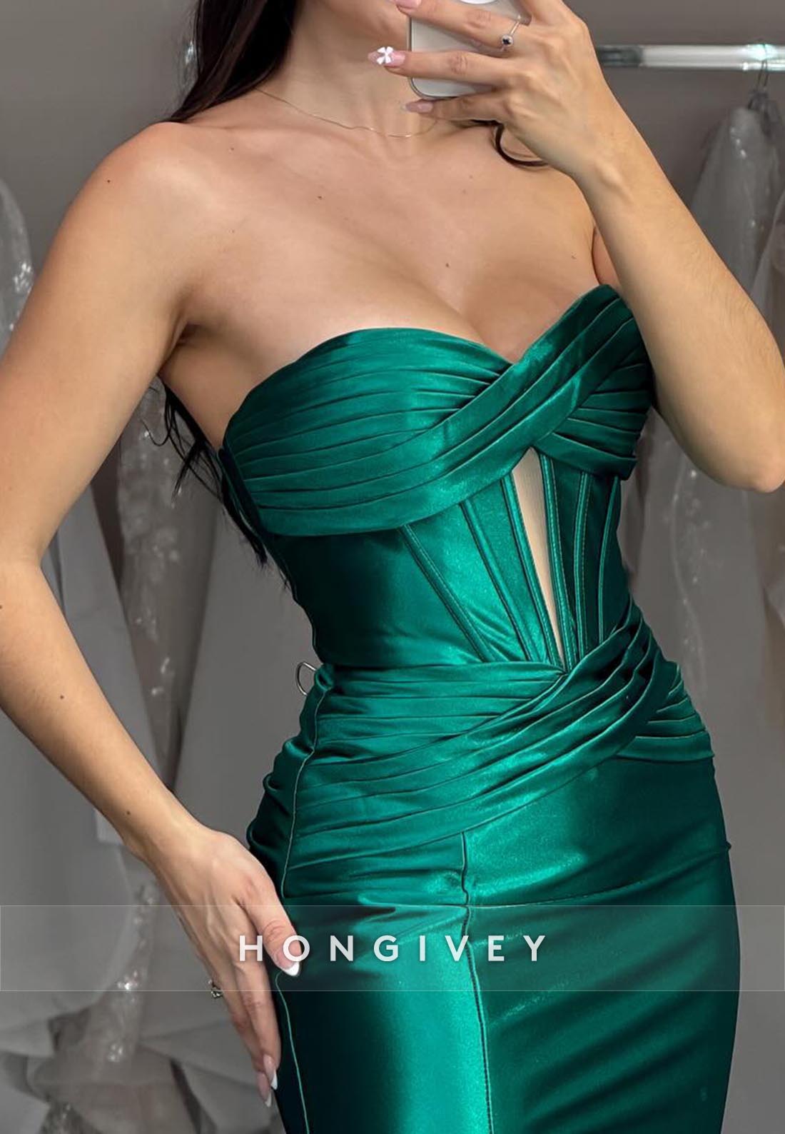 Sweetheart Draped Long Mermaid Holiday Dresses With High Slit