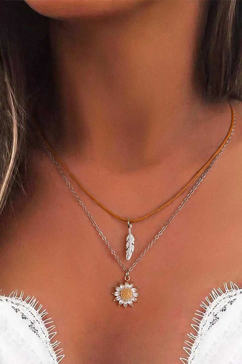 2Pcs Sunflower Leaf Cross Necklace Set