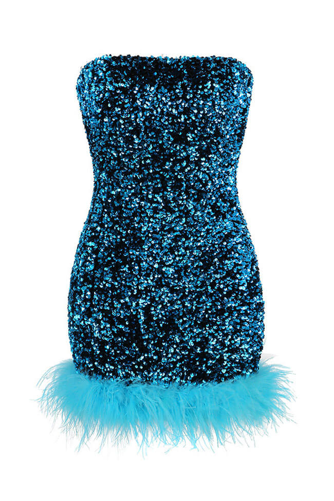 Glamorus Feather Trim Strapless Velvet Sequin Party Mini Dress - Blue