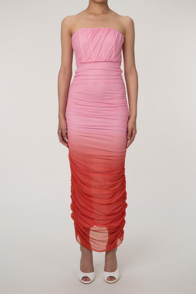 Gradient Strapless Mesh Ruched Bodycon Corset Evening Maxi Dress - Pink