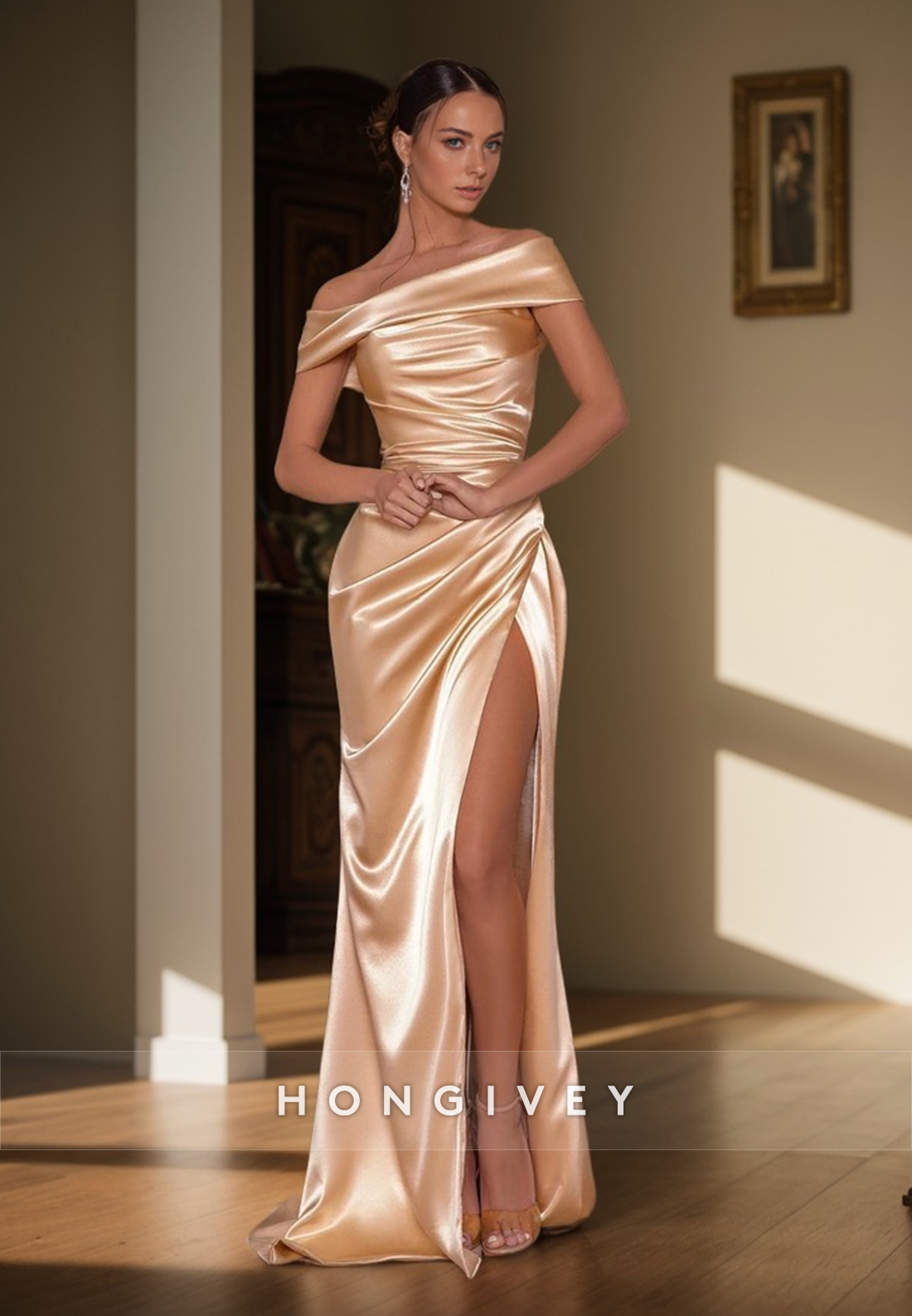 Sheath Offshoulder Empire Pleats Party Prom Evening Dress