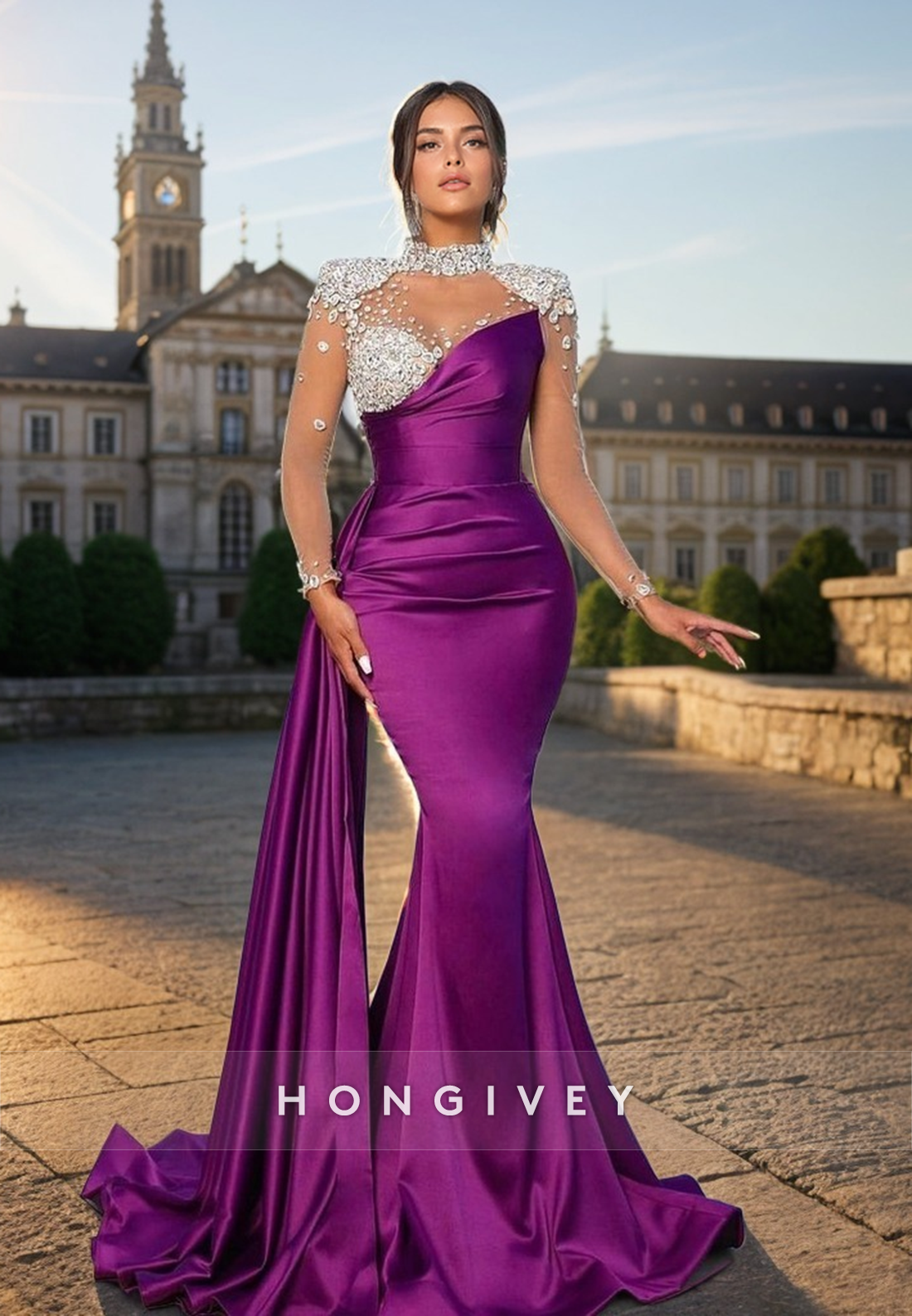 L Ornate High Neck Long Sleeves Crystal Embellished Ruched Long Party Prom Evening Dress