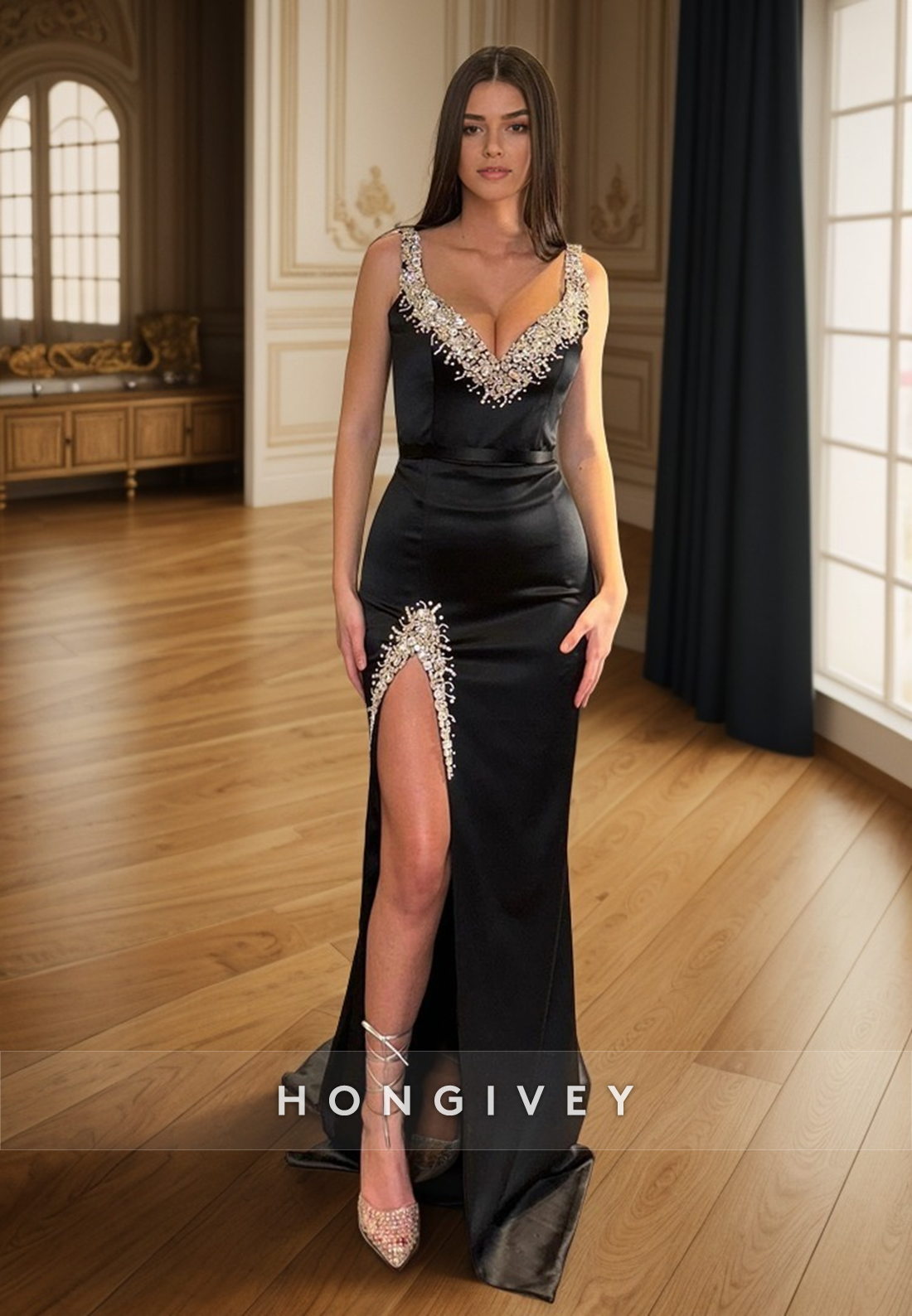 L Black Vneck Spaghetti Straps Beaded Long Prom Dress