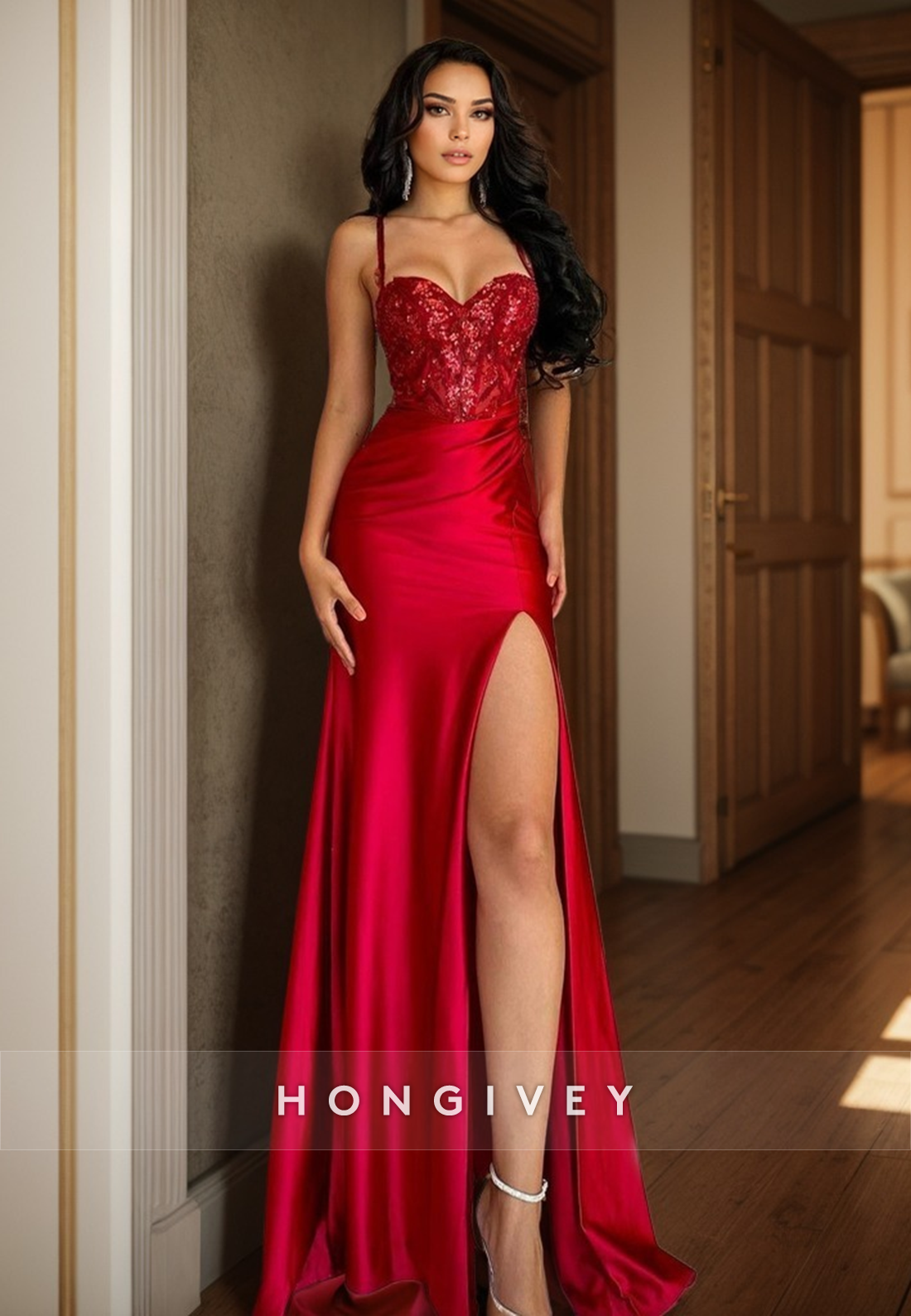 L Sexy Red Sweetheart Spaghetti Straps Sequins With Side Slit Party Prom Evening Dress