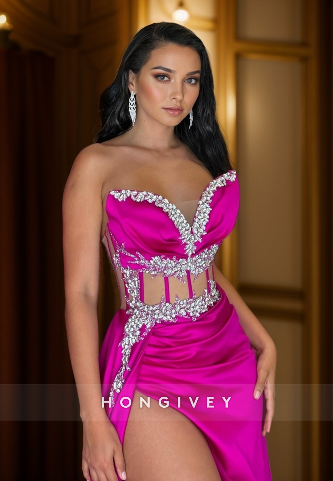 L Vneck Strapless Beaded Empire With Silde Slit Porm Dress