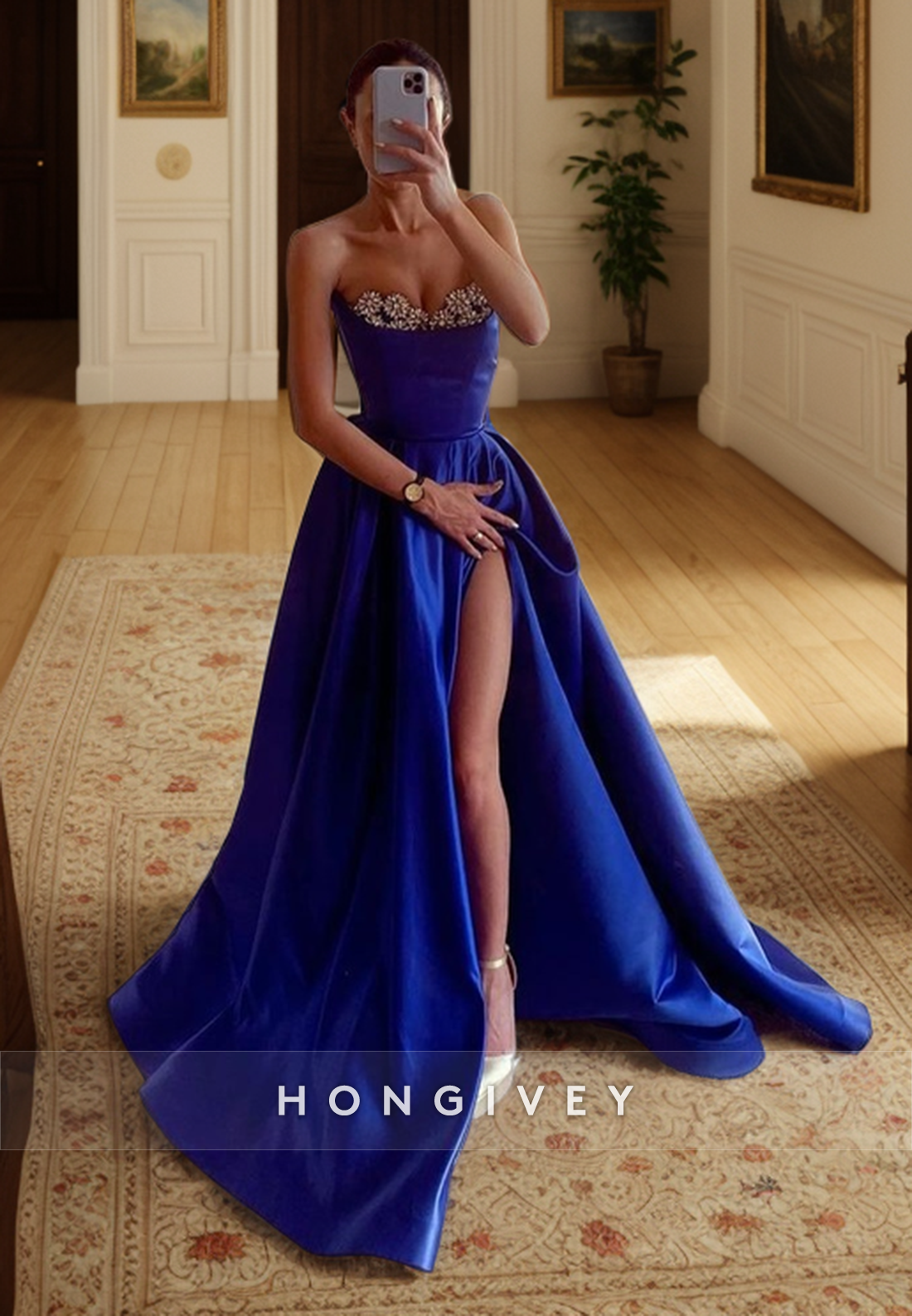 L Classic & Timeless Satin Bateau Strapless Empire With Side Slit Party Prom Evening Dress