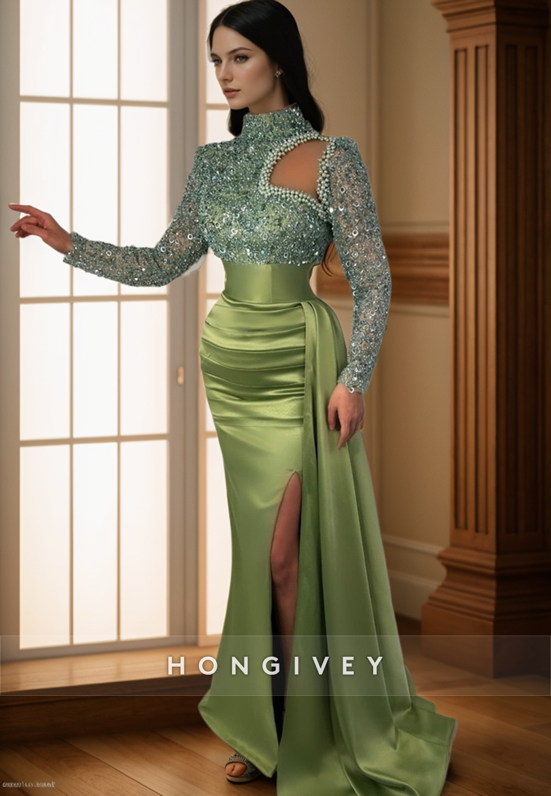 L High Neck Long Sleeve Empire Beaded Prom Evening Dress