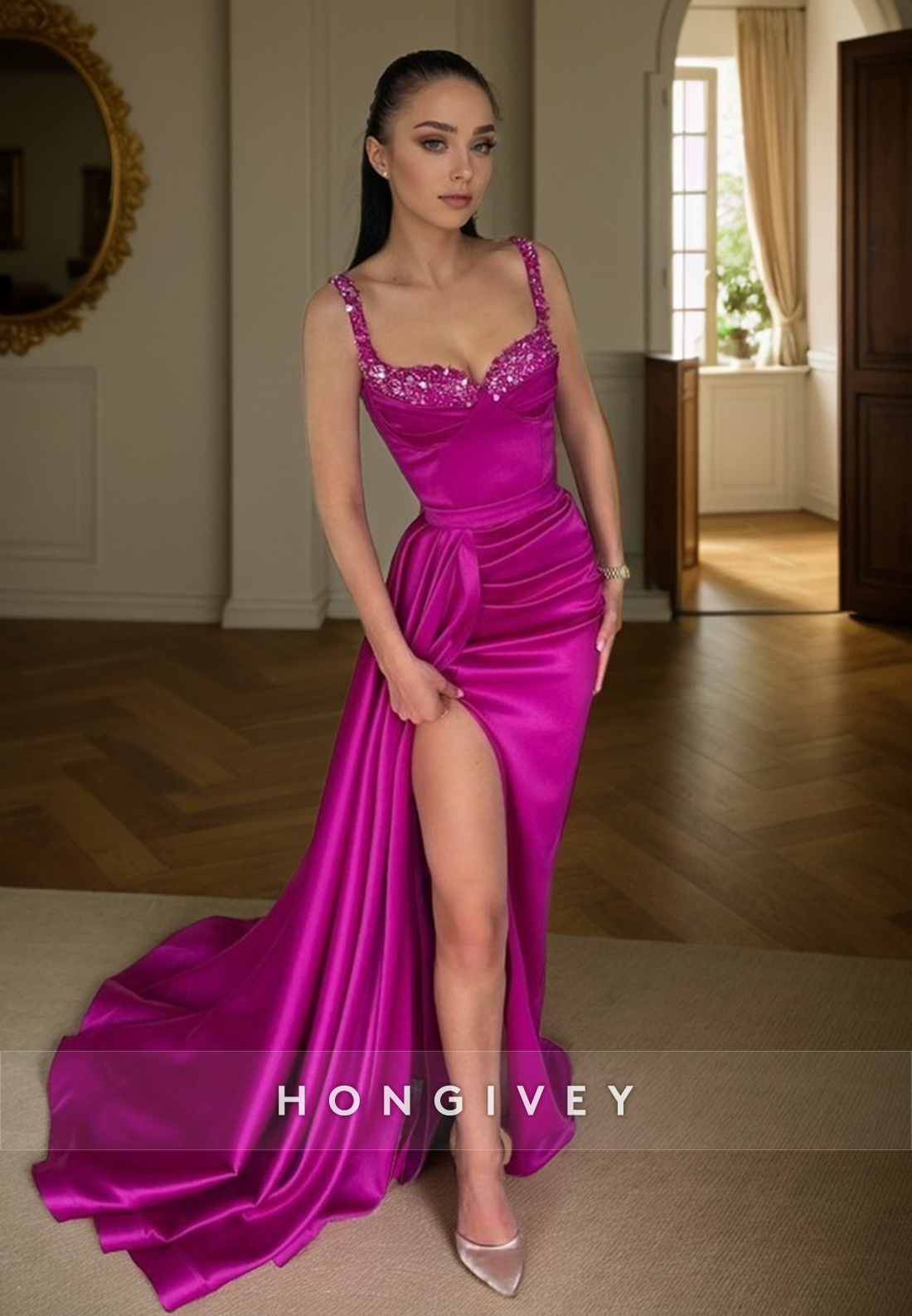 L Sexy Satin Sweetheart Spaghetti Straps Sequined Ruched Embellished With Train Party Prom Evening Dress