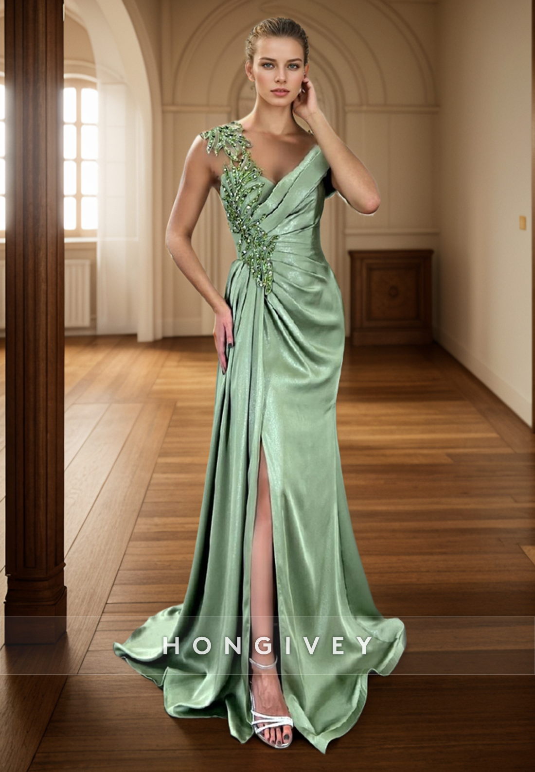 L Chic Asymmetrical Appliques With Side Slit Party Prom Evening Dress