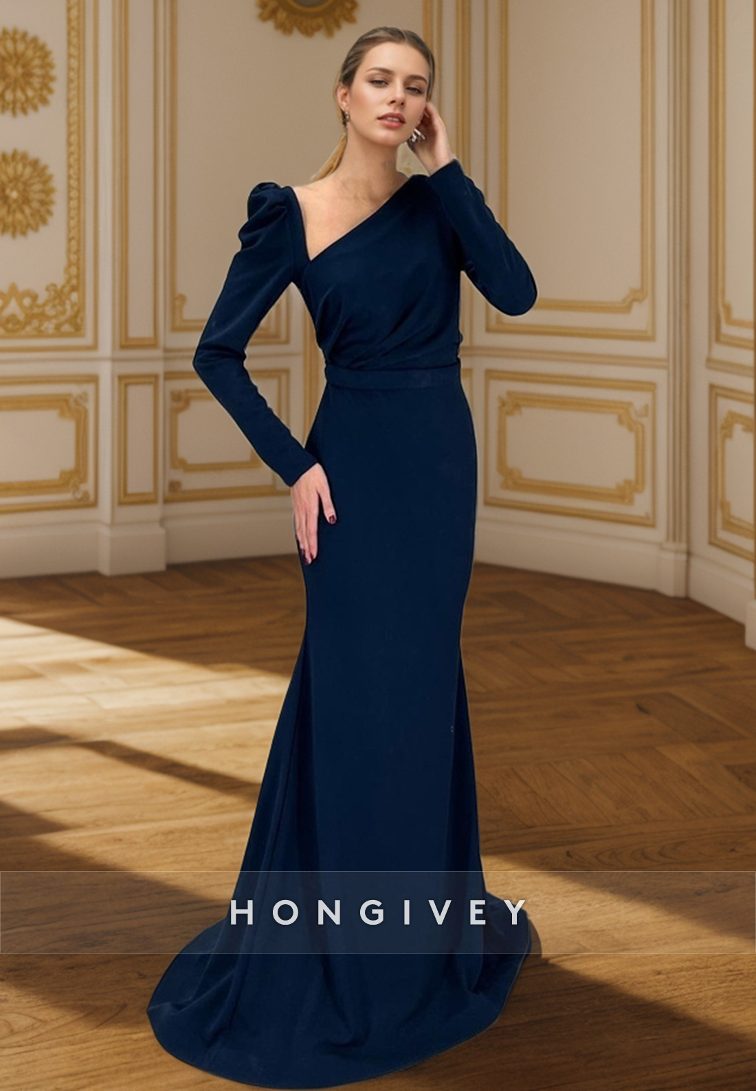 L Trumpet Asymmetrical Long Sleeve Empire Party Prom Evening Dress