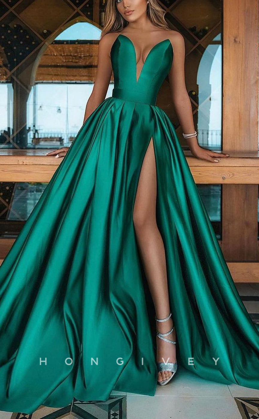 L Sexy Satin Aline Vneck Sleeveless Empire Ruched With Side Slit Train Party Evening Prom Formal Dress