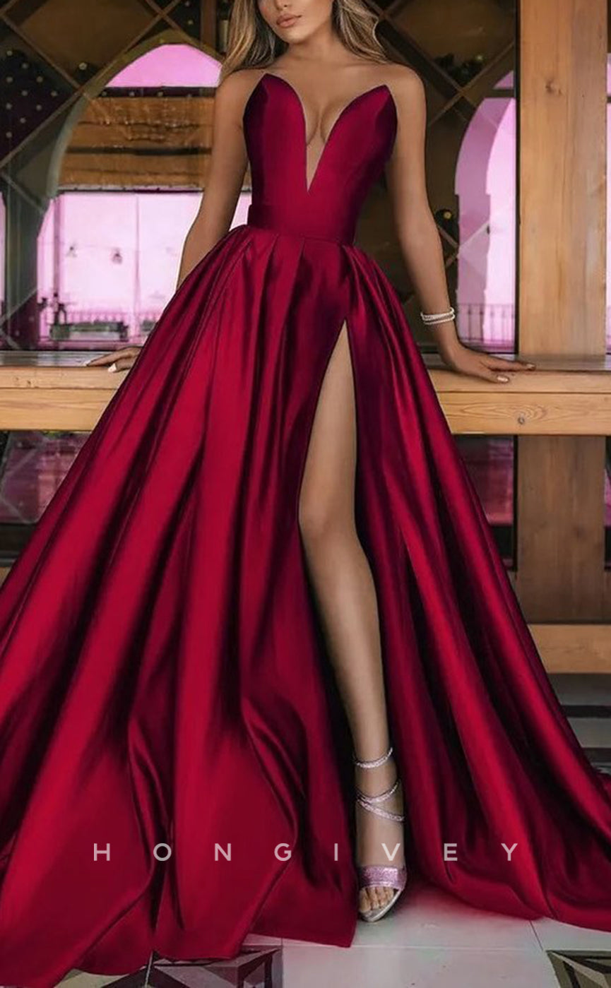 L Sexy Satin Aline Vneck Sleeveless Empire Ruched With Side Slit Train Party Evening Prom Formal Dress