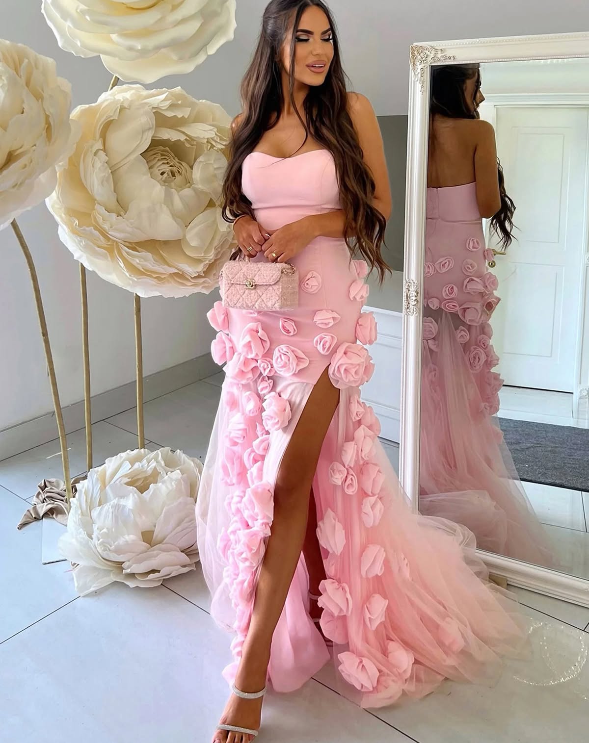 L Chic Aline Sweetheart Strapless Floral Embossed Long Prom Dress