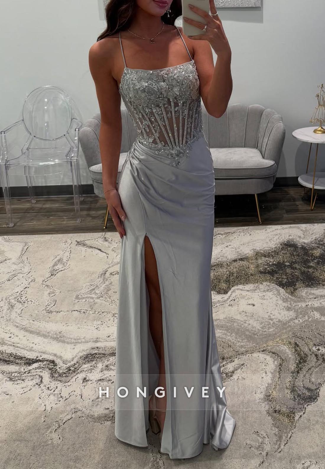 Spaghetti Straps Lace Applique Rhinestone Prom Dresses With Split