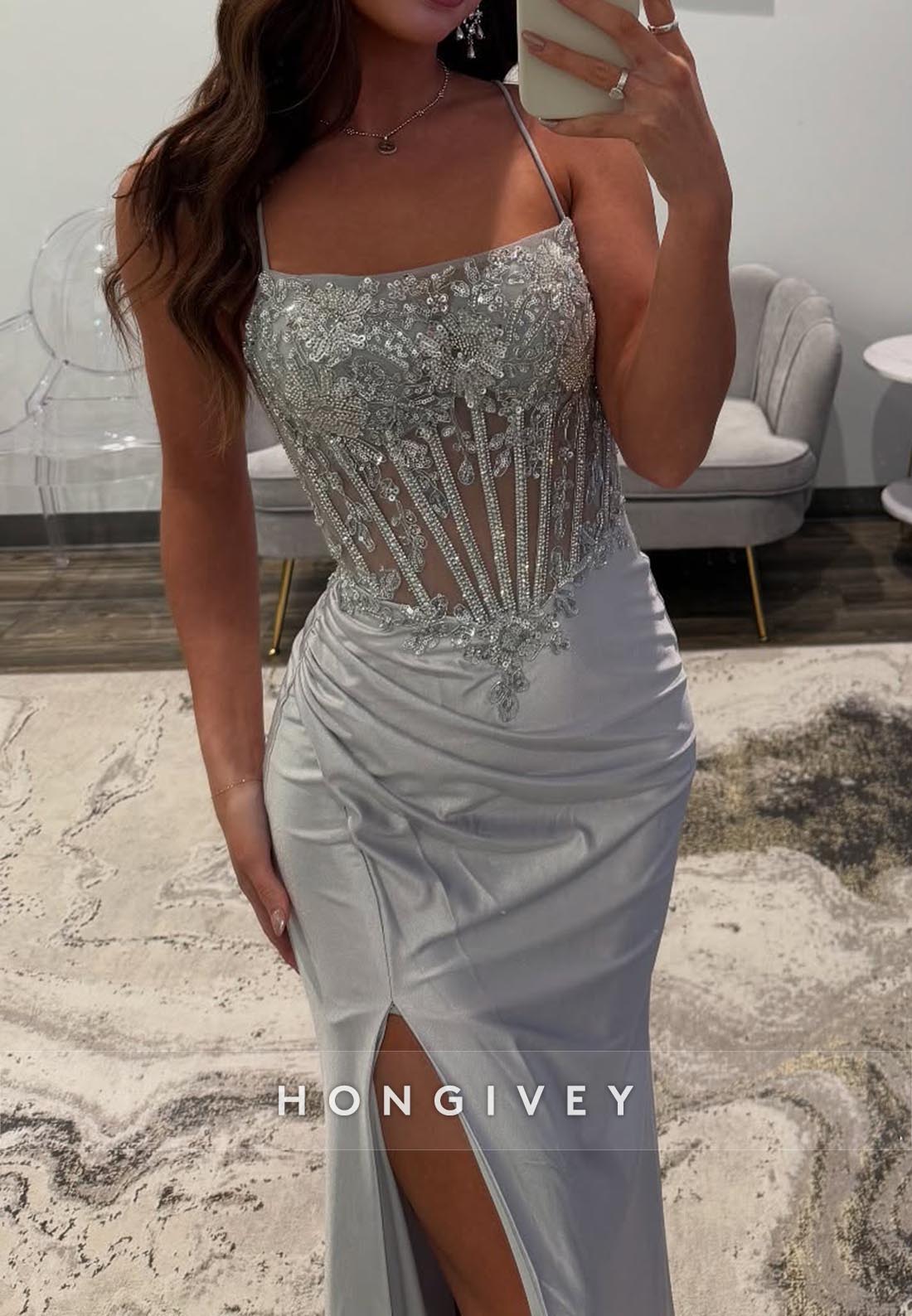 Spaghetti Straps Lace Applique Rhinestone Prom Dresses With Split